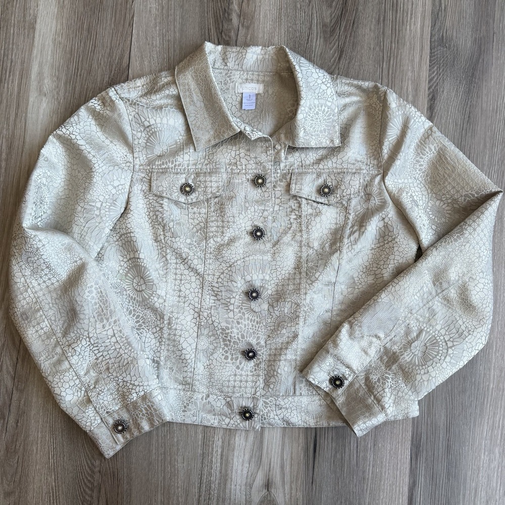 CHICO'S 1 Metallic Floral Jacquard Button Up Jacket Platinum Gold Medium VTG